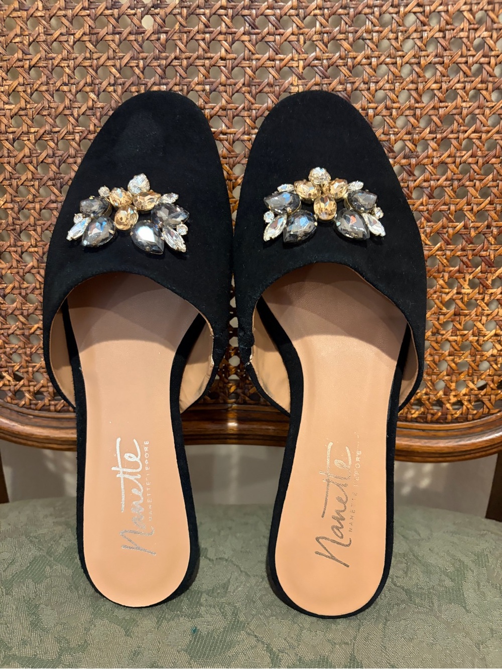 Nanette Lepore Black Jeweled Suede Slip-On Mules, Chic Winter Vibes, Size 9